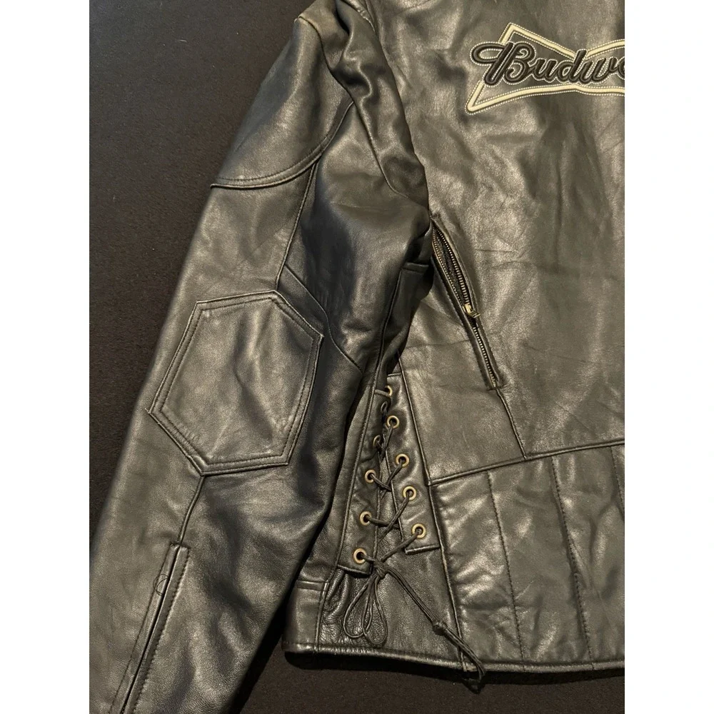 Budweiser Vintage Black Leather Embroidered Jacket Mens XL